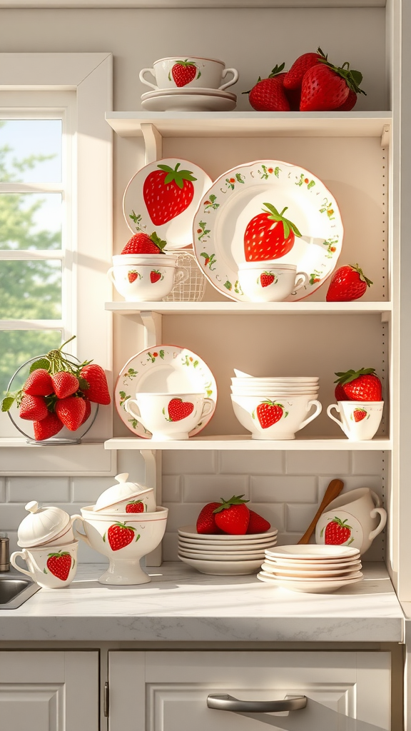 A collection of strawberry-themed dishware on a kitchen shelf, featuring plates, cups, and fresh strawberries.