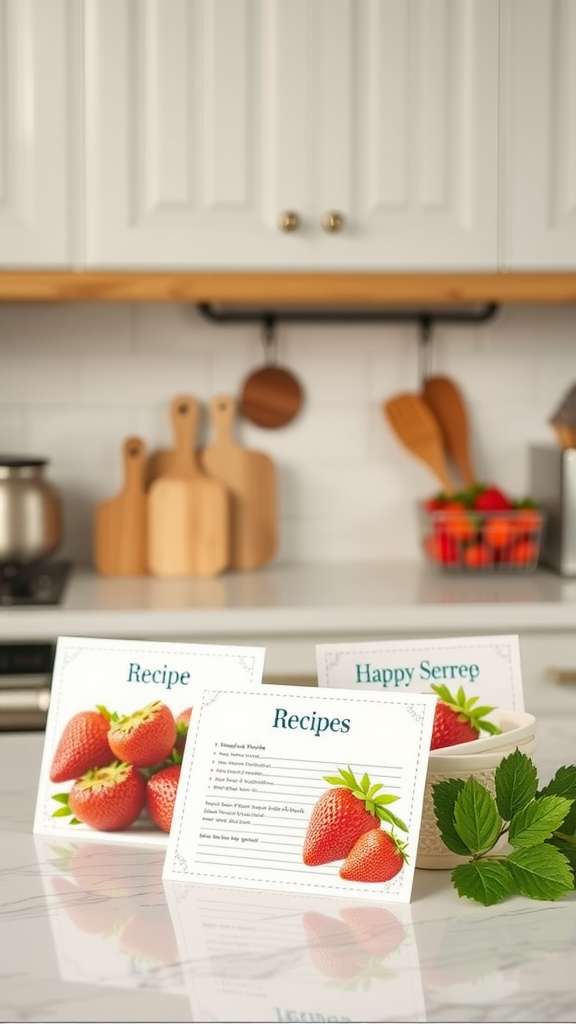 Strawberry-themed recipe cards displayed in a kitchen setting.