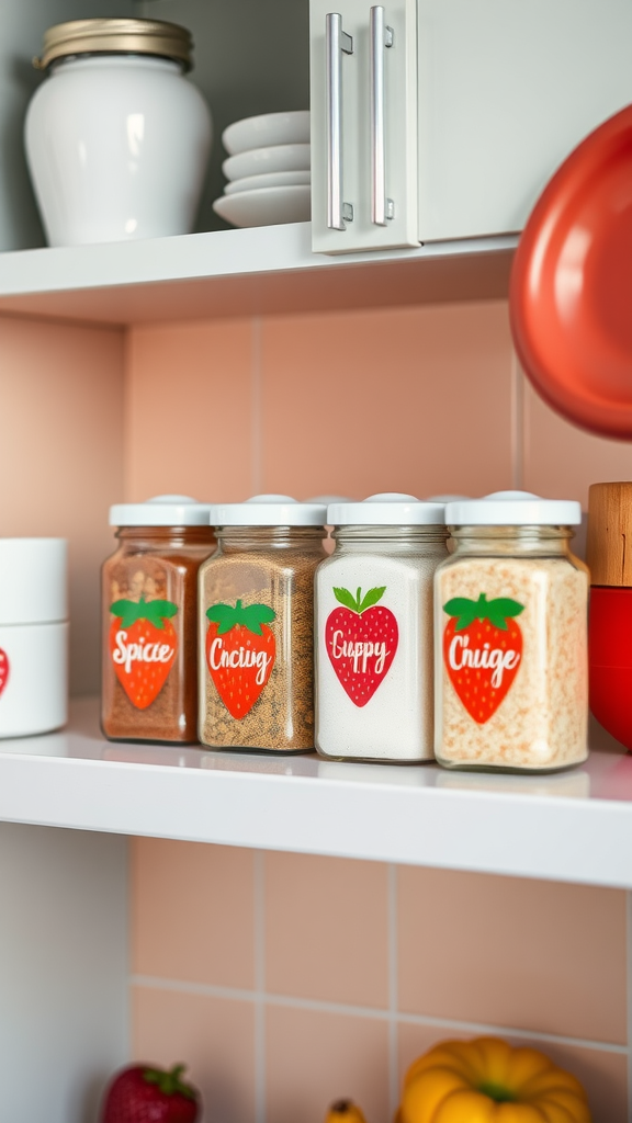 Colorful spice jars with strawberry designs on a kitchen shelf