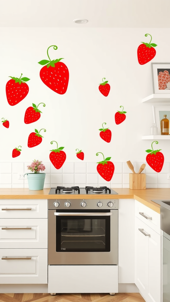 Kitchen with strawberry-themed wall decals on white walls