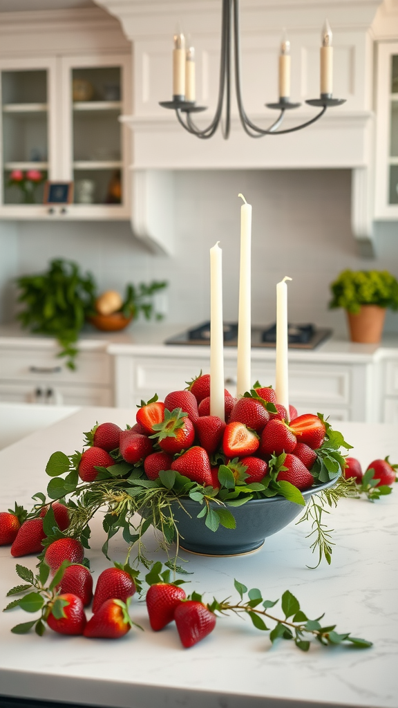 A beautiful kitchen centerpiece featuring a large bowl of strawberries and candles.