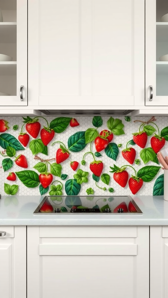 A colorful strawberry mosaic backsplash in a modern kitchen.