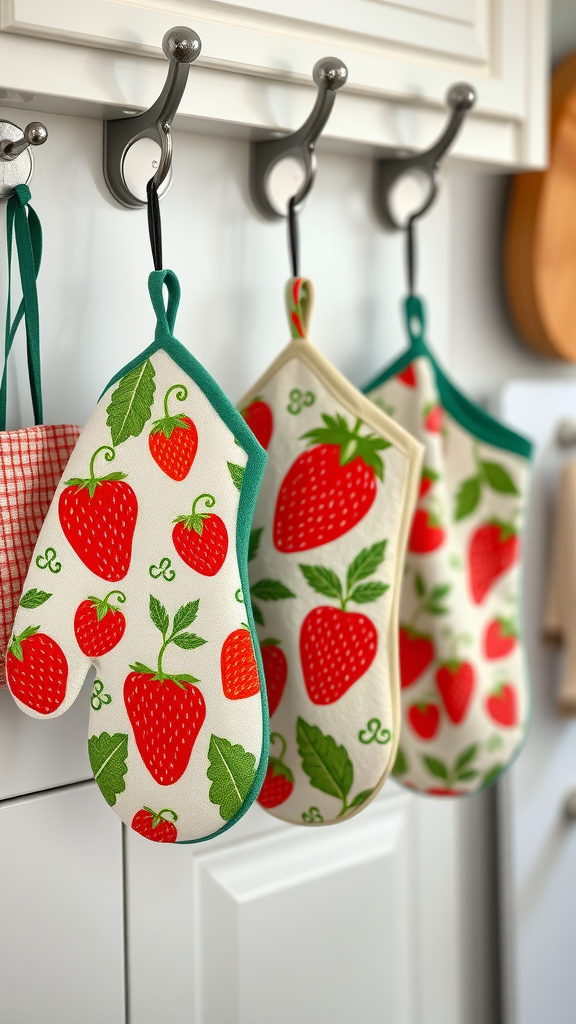 Colorful strawberry oven mitts hanging in a kitchen