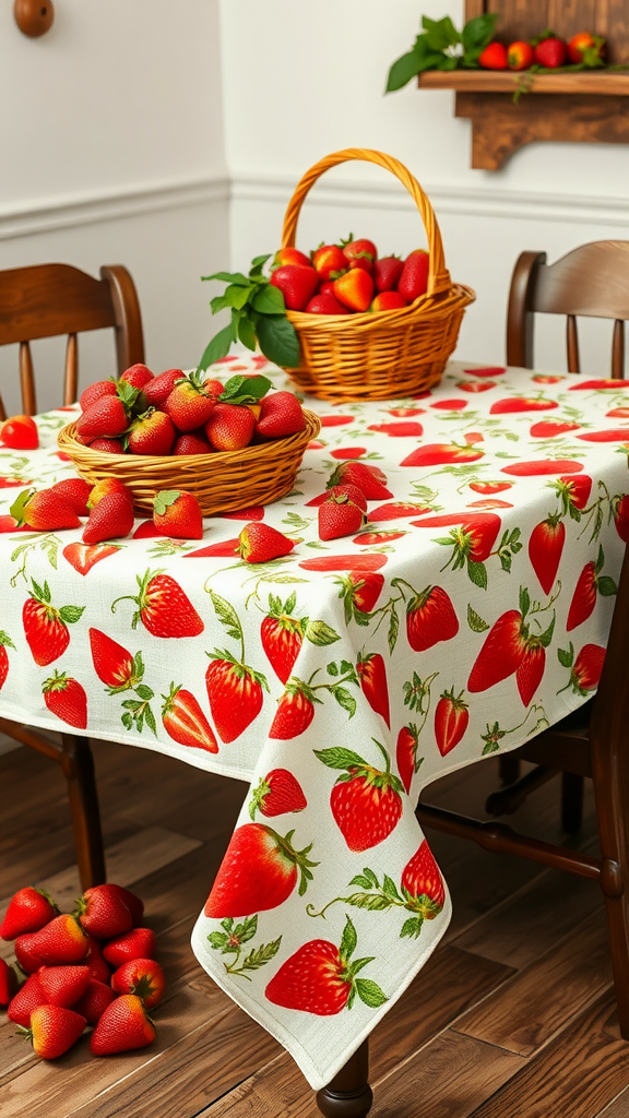 A table set with a strawberry print tablecloth, baskets of fresh strawberries, and rustic wooden chairs.