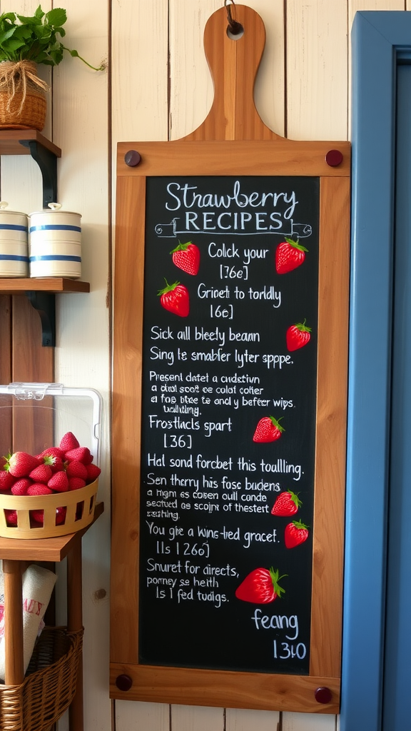 A chalkboard displaying strawberry recipes in a cozy kitchen setting.