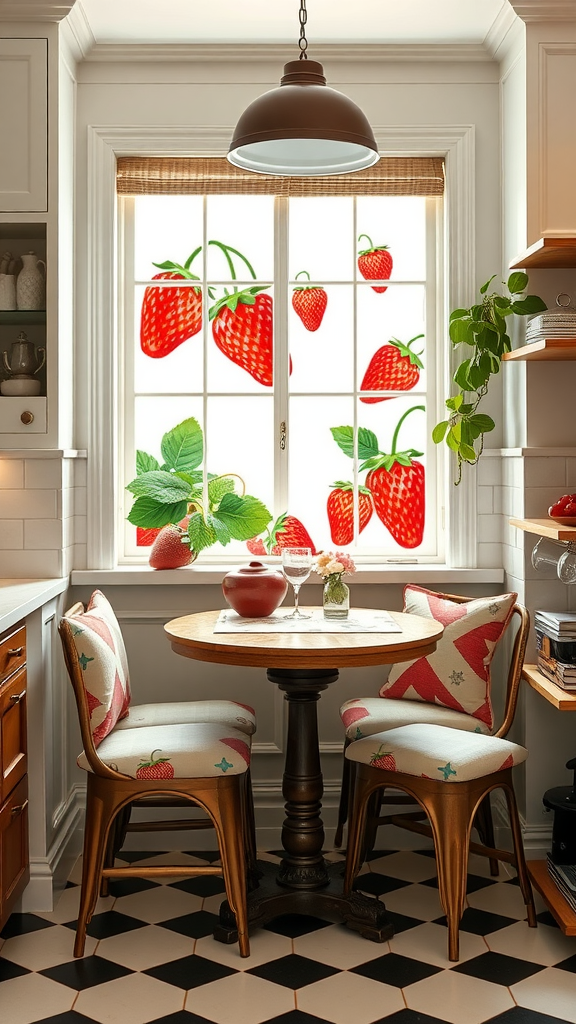 A shower curtain featuring large red strawberries on a white background