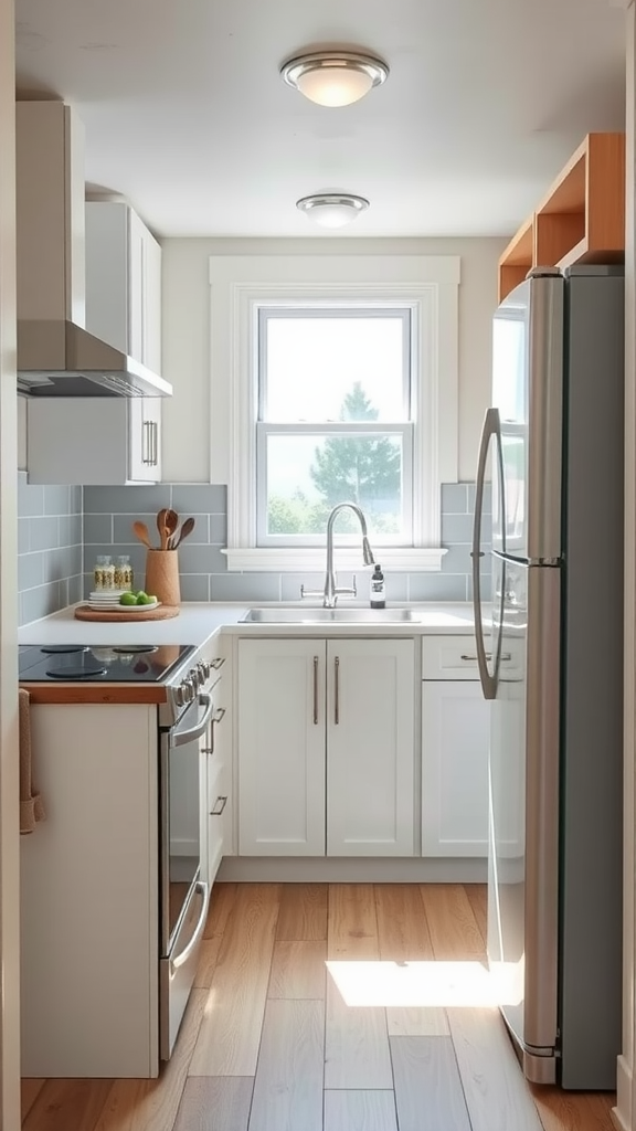 A modern kitchen with a streamlined layout, featuring cabinets, a stove, and a sink under a window.