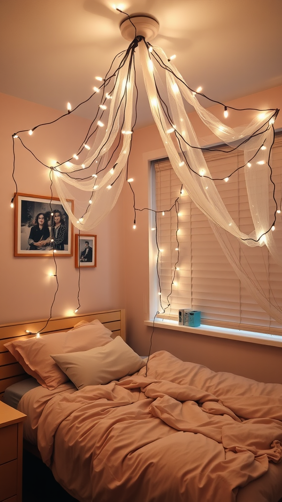 A cozy dorm room with a string light canopy above the bed, featuring soft lighting and a warm atmosphere.