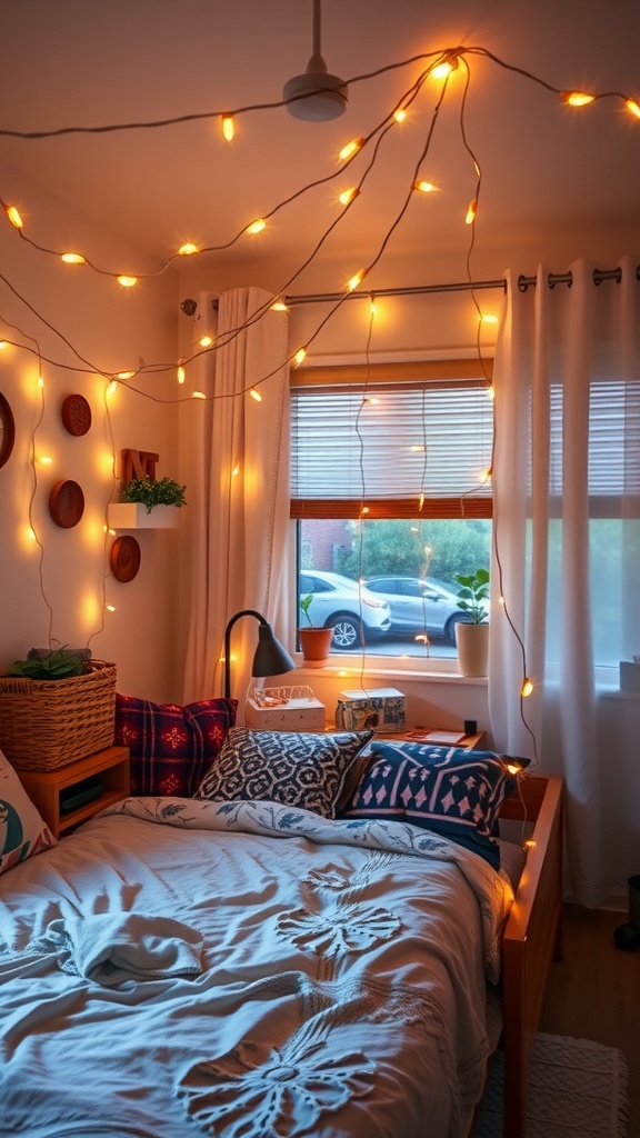 Cozy dorm room with string lights creating a warm atmosphere