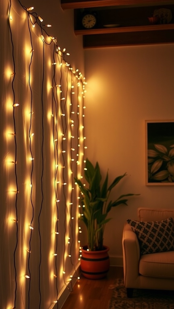 A cozy living room with string lights draped on the wall, enhancing the warm atmosphere.