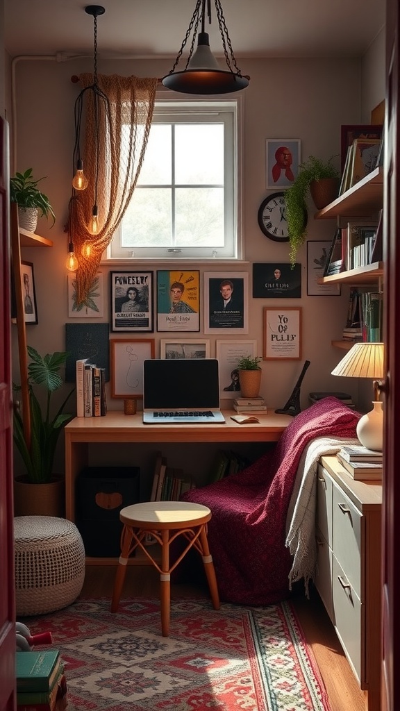 A warm and inviting study nook with bohemian decor, featuring a desk with a laptop, cozy chair, plants, and wall art.