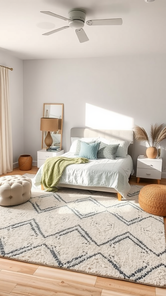 A cozy modern bedroom featuring neutral decor and a stylish area rug.