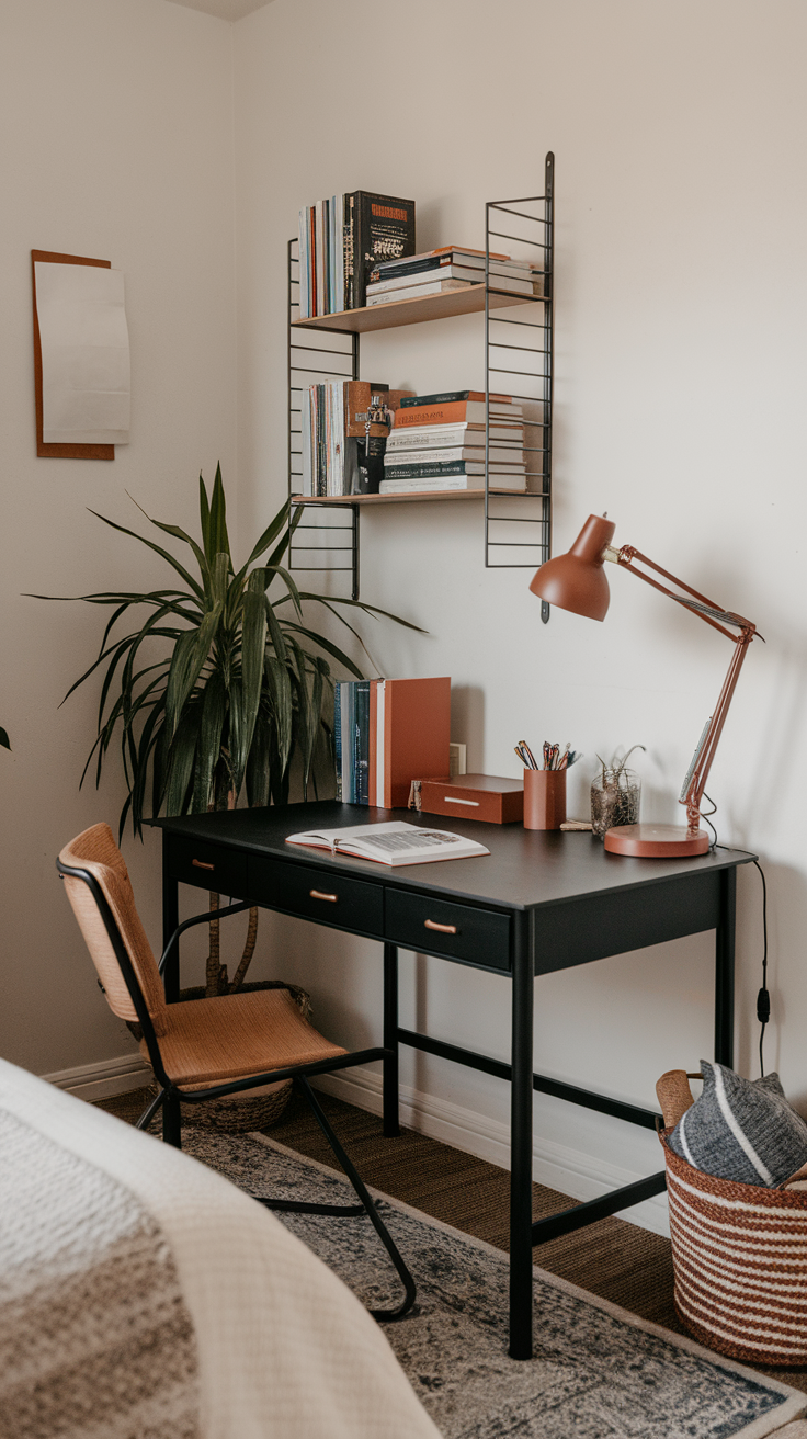 A modern black desk with a rust lamp and books in a cozy bedroom corner.