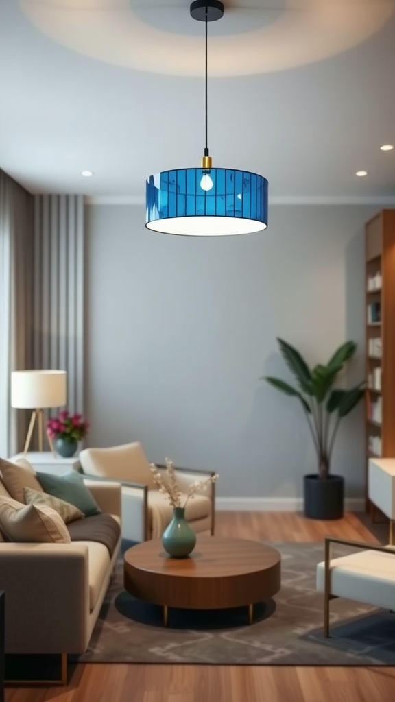 A stylish blue pendant light hanging in a modern living room, enhancing the decor.