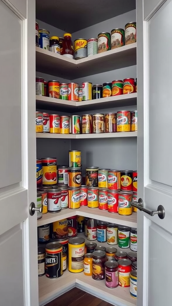 A well-organized pantry with various canned goods on shelves.