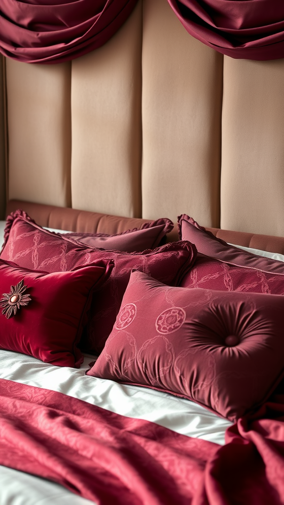 Stylish burgundy decorative pillows on a bed