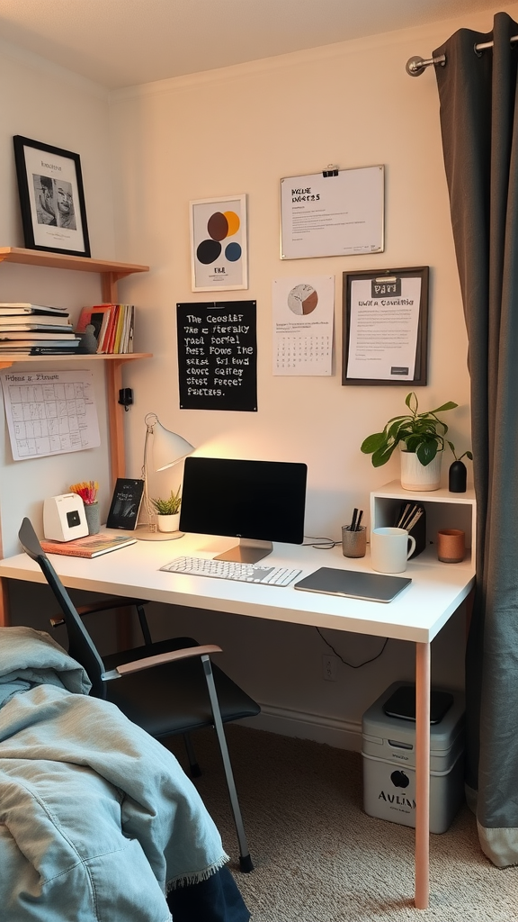 A cozy, stylish desk setup featuring a computer, plants, and organized stationery.