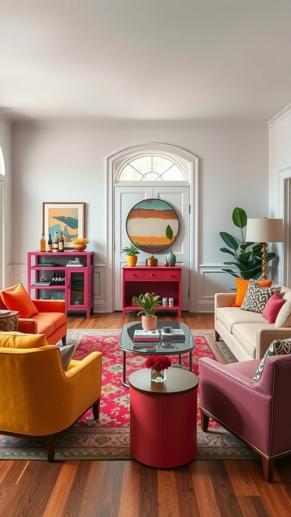 A vibrant living room with colorful chairs and decor, creating a lively entertainment space.