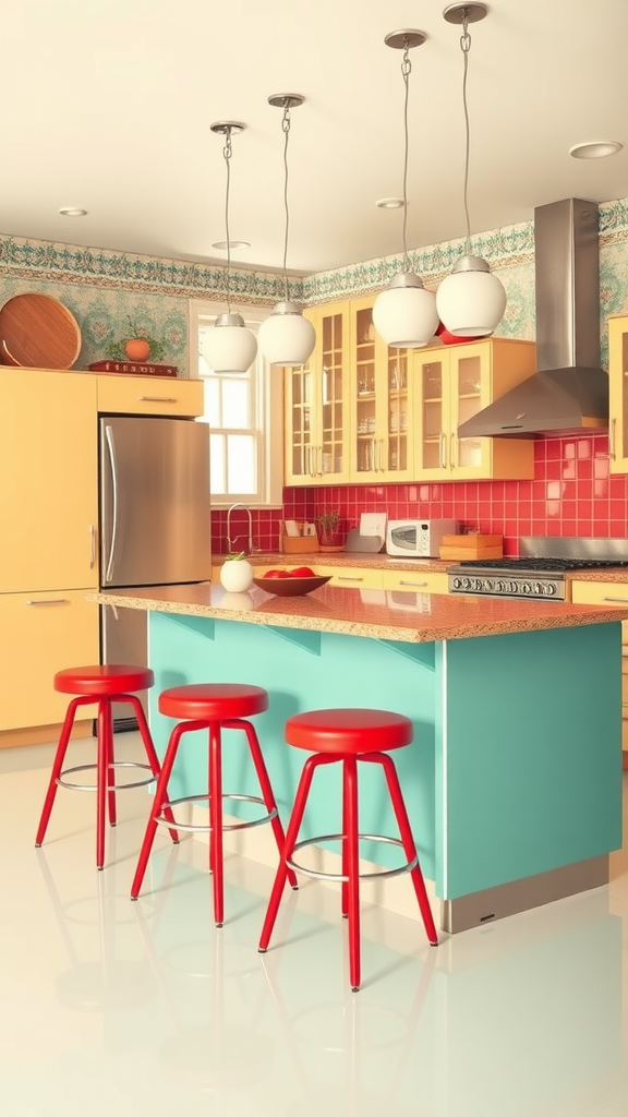 A bright 1950s style kitchen featuring a turquoise island and red stools.