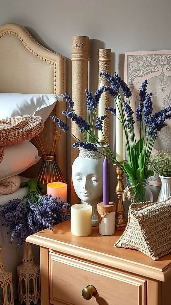 A beautifully arranged nightstand featuring a vase of lavender, two candles, and a wooden tray beside a gray upholstered headboard.