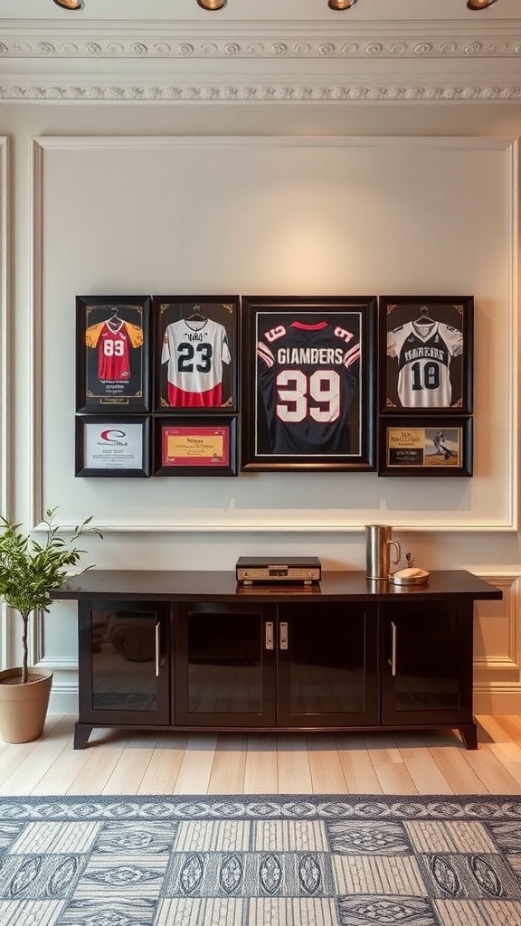 A stylish display of framed sports jerseys and awards on a wall.