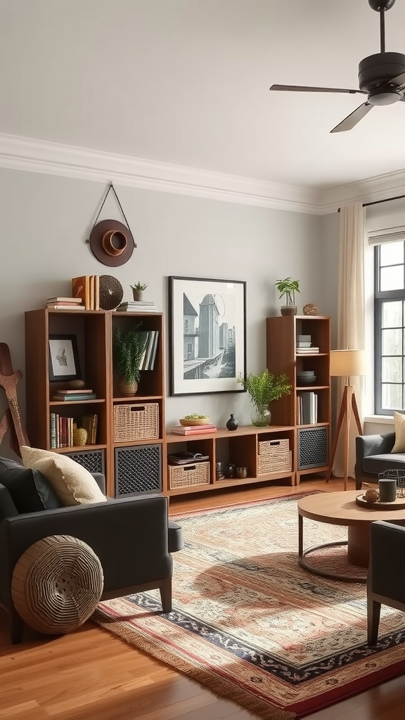 Modern ranch-style living room with open shelving and cozy seating.