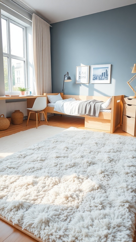 A cozy white rug in a stylish dorm room with natural light.