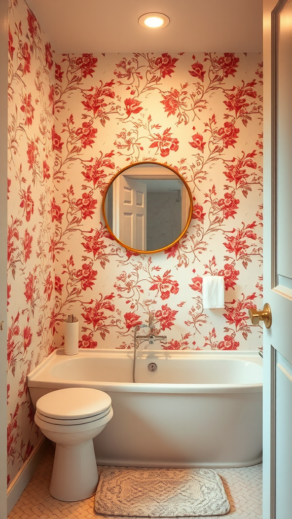 Bathroom with red floral wallpaper, bathtub, and round mirror.