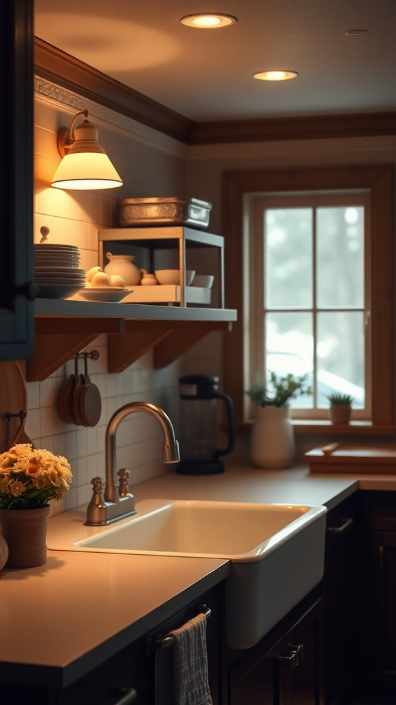 Cozy farmhouse kitchen with a large sink and subtle lighting above.