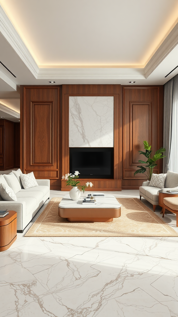 A luxurious living room with wooden paneling, elegant furniture, and a marble coffee table.