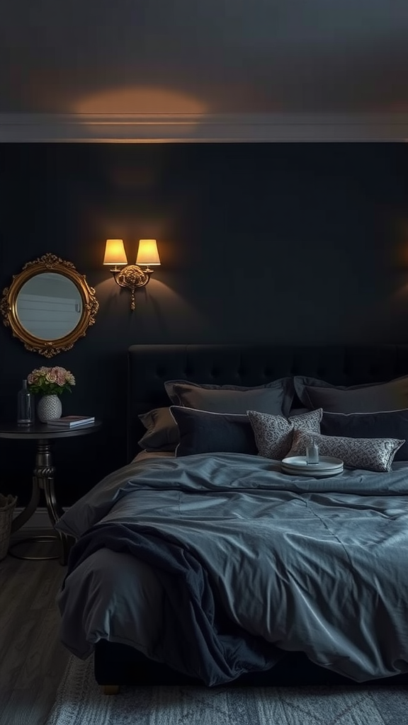 A dark bedroom with soft lighting and metallic accents