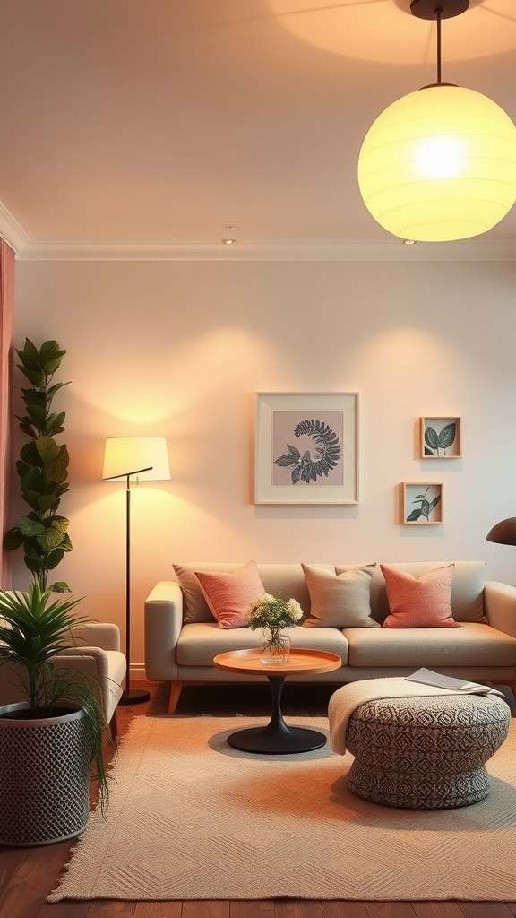 A cozy living room featuring soft pastel lighting fixtures with a warm glow.