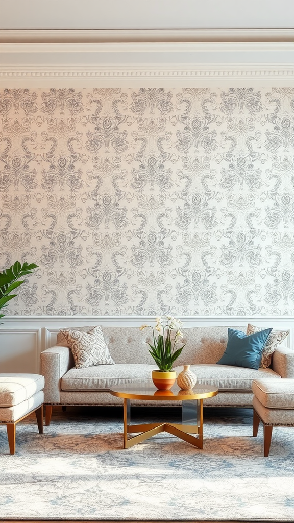 A stylish living room with subtle patterned wallpaper and elegant decor.