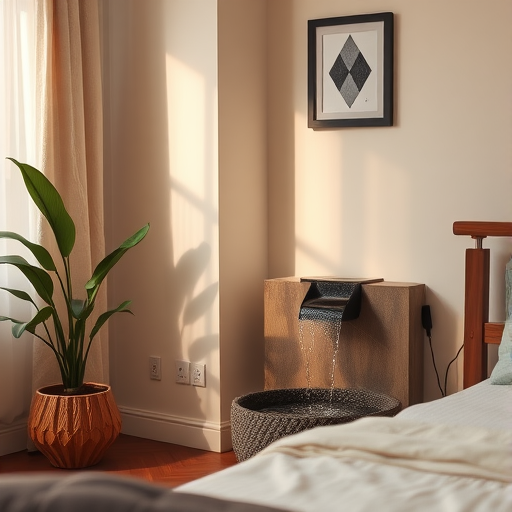 A cozy bedroom with a modern water fountain beside the bed, creating a peaceful atmosphere.