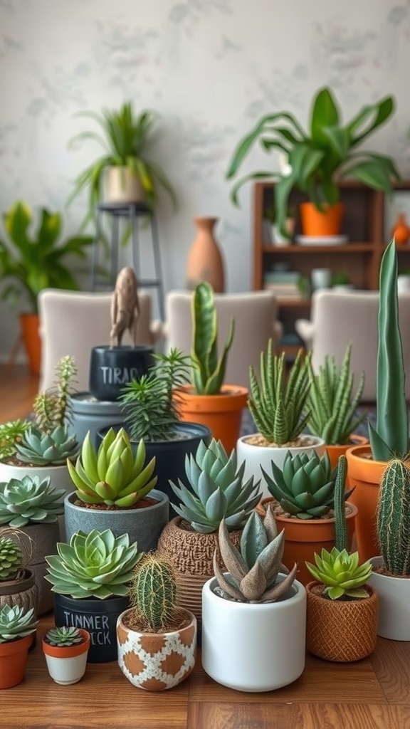 A collection of various succulents and plants displayed in colorful pots in a rustic boho living room.