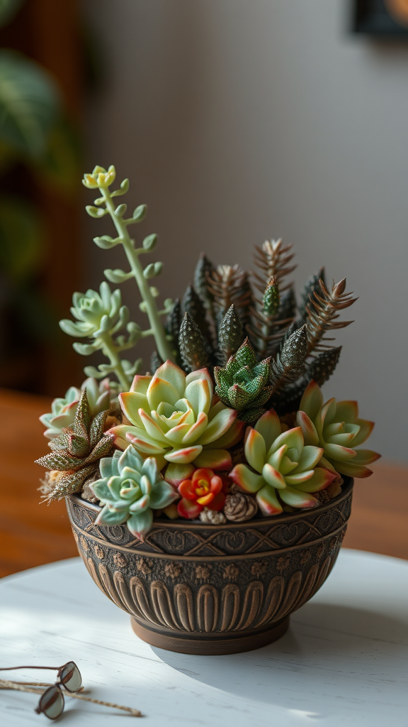 A vibrant arrangement of various succulents in a decorative bowl, placed on a light wooden table.