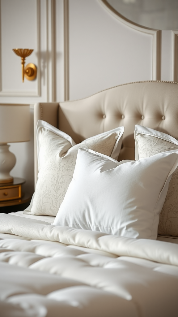 Luxurious master bedroom bedding with plush white pillows and a tufted headboard