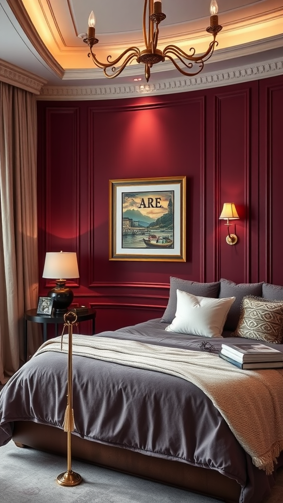 Luxurious burgundy bedroom with elegant decor and soft textiles.