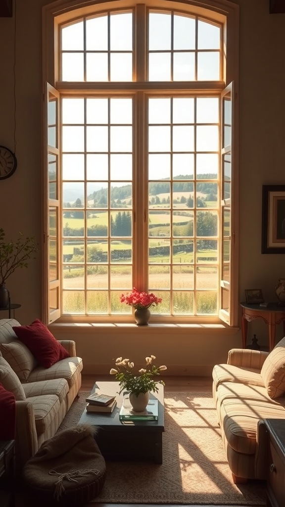 A sunlit living room with large windows overlooking a scenic view of the countryside.