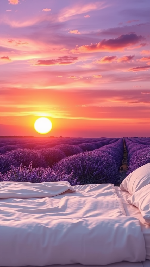 A serene sunset over a lavender field with soft bedding in the foreground.