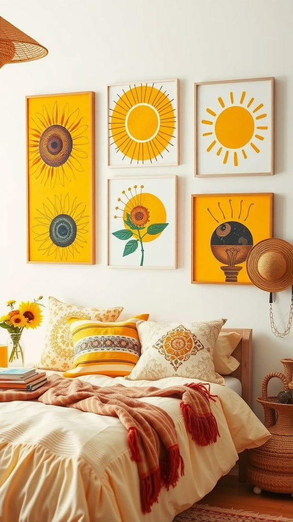 A cozy bedroom with sunshine-inspired wall art featuring yellow and sunflower themes.