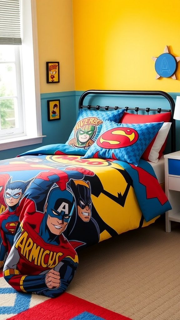 A colorful superhero-themed bedding set featuring characters like Superman and Captain America in a playful bedroom.