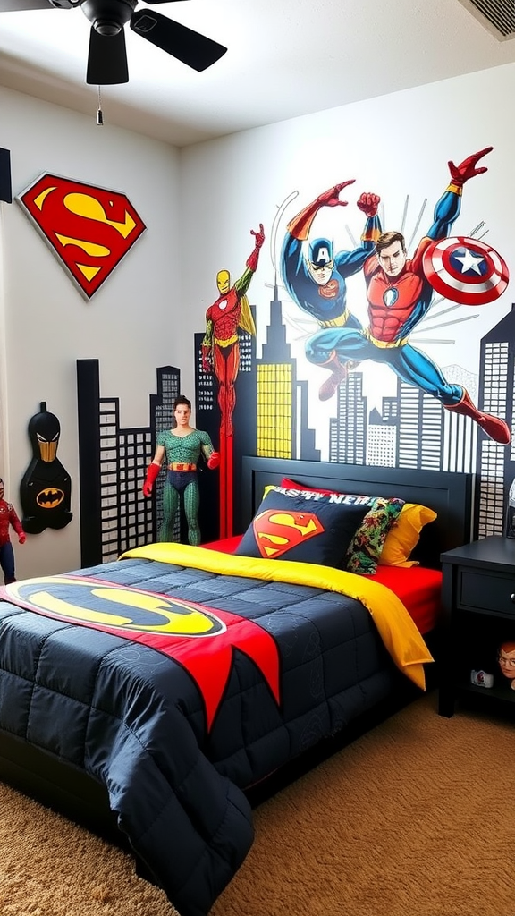 A vibrant superhero-themed bedroom featuring murals of popular superheroes and action figures.