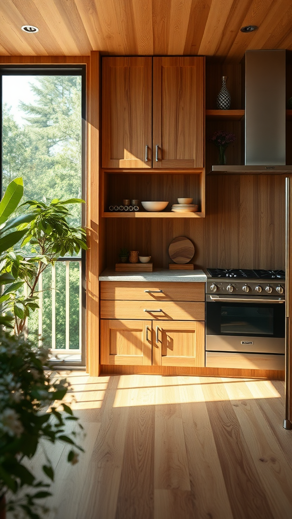 A modern kitchen featuring hickory cabinets, large windows, and a bright atmosphere.