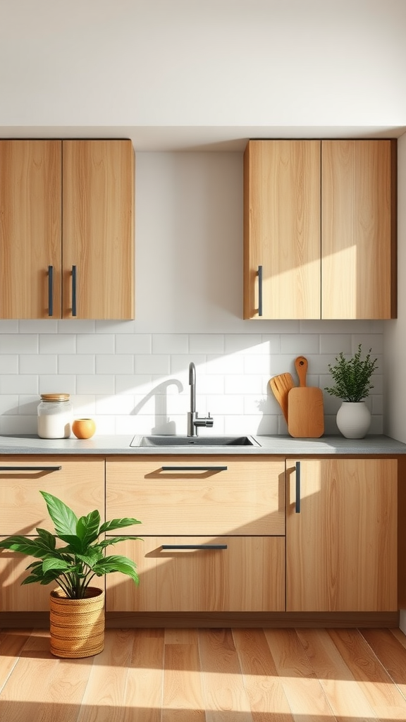 Modern kitchen with lightwood cabinets and a plant on the counter.