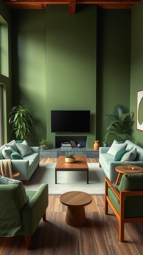 A forest green living room with eco-friendly decor elements including plants and wooden furniture.