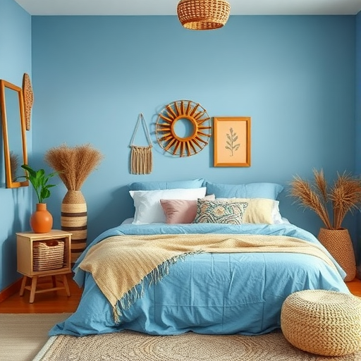 A cozy room with bright wood fURNITURING, pOTT(é)R(é)S, AND NATURAL d(é)COR IN SOFT BLU(é) TON(é)S, SHOWCASING SUSTAIN(á)B(é)L(é) D(é)COR CHOIC(é)S