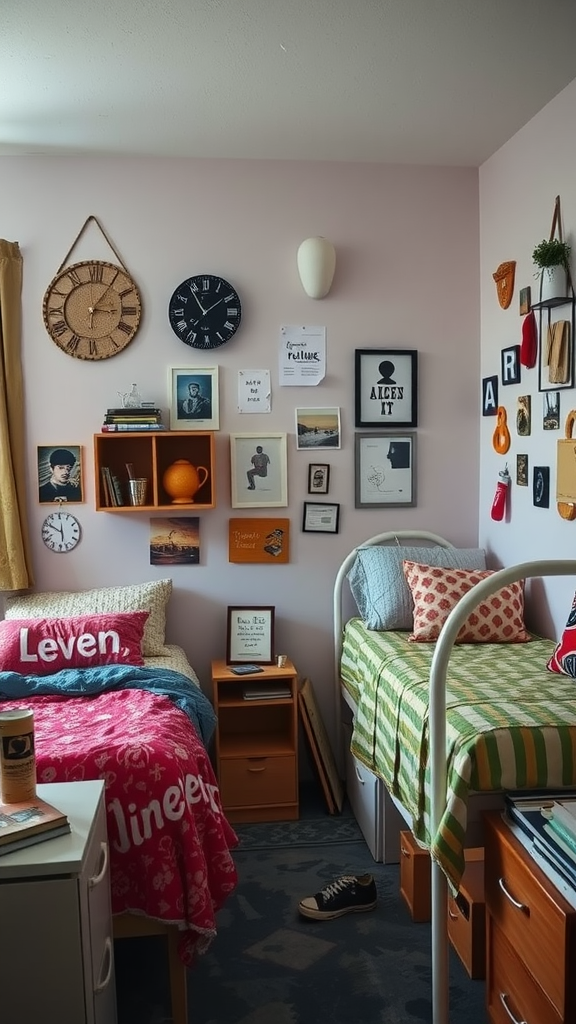 Aesthetic dorm room featuring upcycled decor elements like wooden crates, colorful pillows, and various framed artworks.