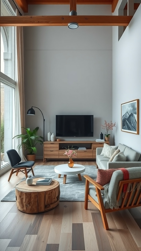 A cozy modern living room featuring sustainable furniture with natural wood elements.