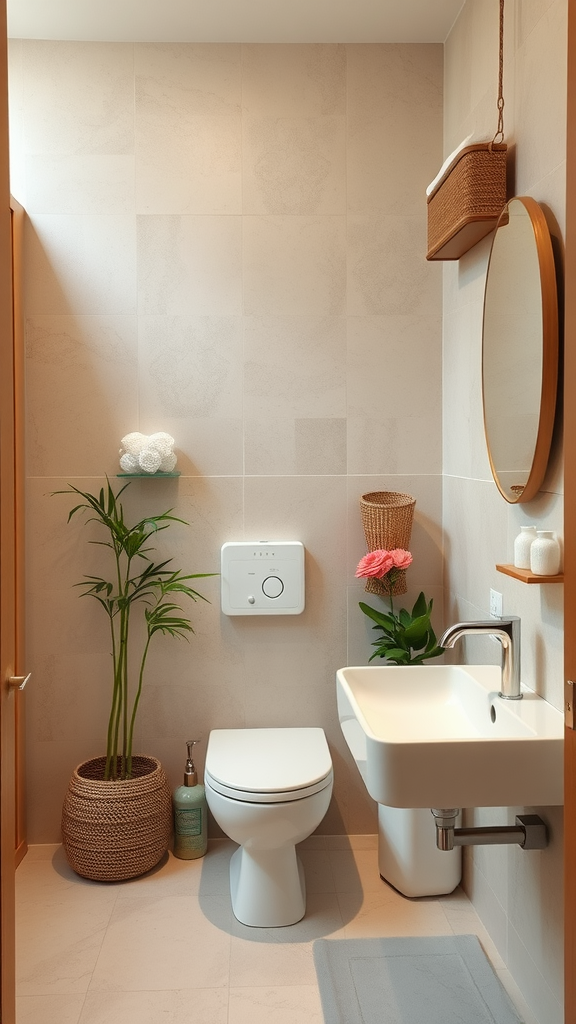 Modern small bathroom featuring sustainable materials and plants.